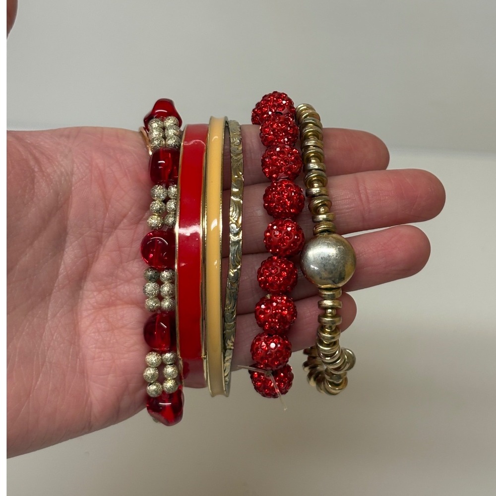 Red Gold Silver Beaded Bangle Stretch Bracelet Set 6pc